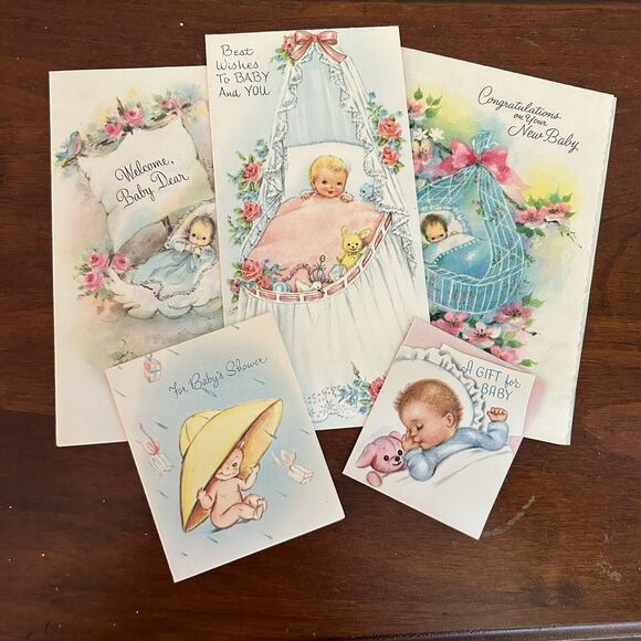 5x Vintage 50s/60s Baby Cards Stork Bunny Critters Ephemera Scrapbook - Picture 1 of 14